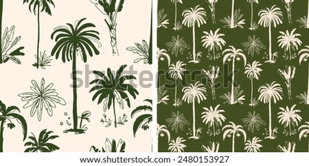 Palm Tree Tropical Green Seamless Vector Pattern Hand Drawn Illustration Botanical Boho