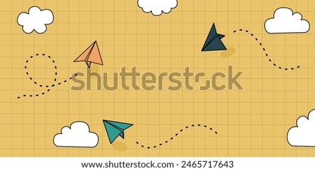 Welcome To School. Flying paper airplanes. Vector cartoon children planes in air. Back to school background drawing. backgrounds for Teacher appreciation day. KnowledgeForAll.