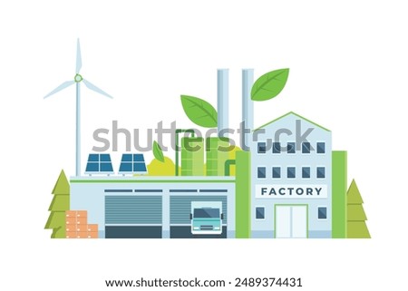 Sustainable Smart Green Factory building illustration, vector elements for city and industry illustration. flat style and front view