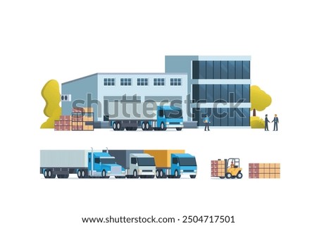 Modern flat Illustration of warehouse building, factory storage. truck and container. Warehouse Management, Logistic Management. vector illustration