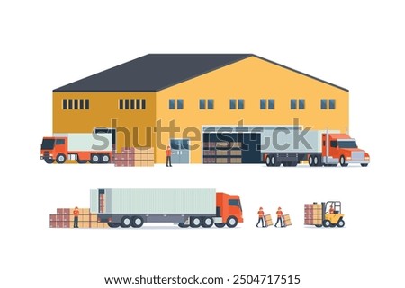 Modern flat Illustration of warehouse building, factory storage. truck and container. Warehouse Management, Logistic Management. vector illustration