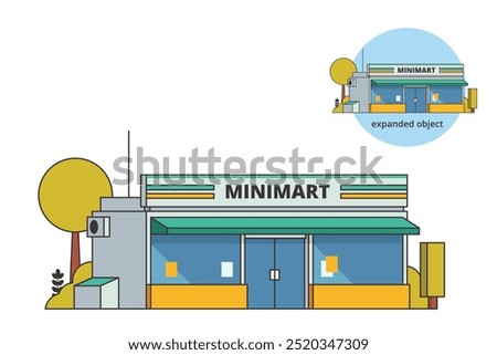 Vector illustration element of Convenience Store minimarket building with editable Outline, minimart and store building flat design style for city and background illustration