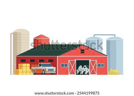 Red Barn building on white background vector illustration. Farm and agricultural asset. Farmhouse rural architecture.