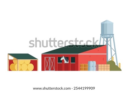 Red Barn building on white background vector illustration. Farm and agricultural asset. Farmhouse rural architecture.