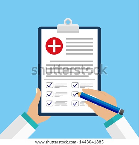 Clinical record, prescription, medical checkup report, health insurance concepts. Clipboard with checklist and medical cross and doctor hands in mockup style for website or mobile apps design. eps10
