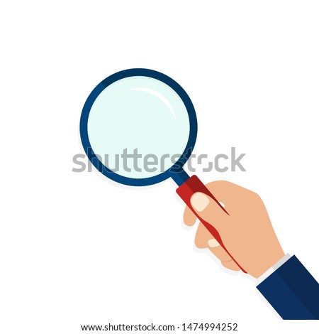 Magnifying glass in hand in flat style.Icon of hand holding a magnifying glass on isolated background.Flat lens or loupe. vector illustration