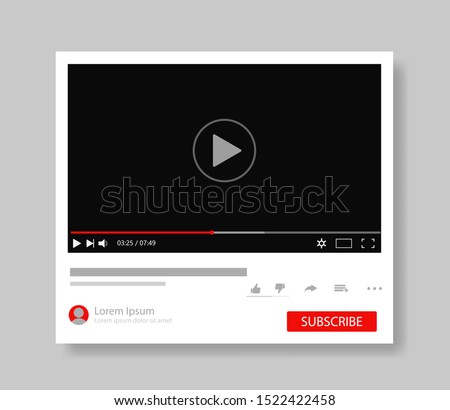 Frame video player interface. Design mockup video channel pc. Tube window template with subscribe for web, media app.Player screen with navigation icon. Modern layout tube interface. vector eps10