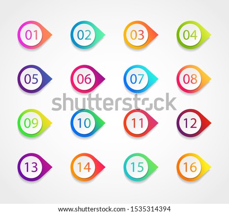Bullet marker icon with number 1, 3, 4, 5, 7, 9, 10, 12 for infographic, presentation. Set of graphic pointer with steps. Sticky point bullet gradient color. Template label info bullet. vector eps10