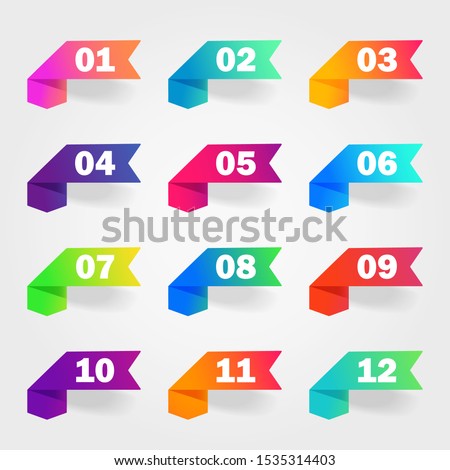 Bullet marker icon with number 1, 3, 4, 5, 7, 9, 10, 12 for infographic, presentation. Set of graphic pointer with steps. Sticky arrow bullet gradient color. Template label info bullet. vector eps10