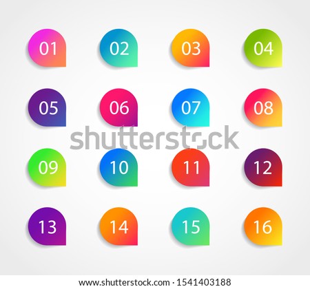 Bullet marker icon with number 1, 3, 4, 5, 7, 9, 10, 12 for infographic, presentation. Set of graphic pointer with steps. Sticky point bullet gradient color. Template label info bullet. vector eps10