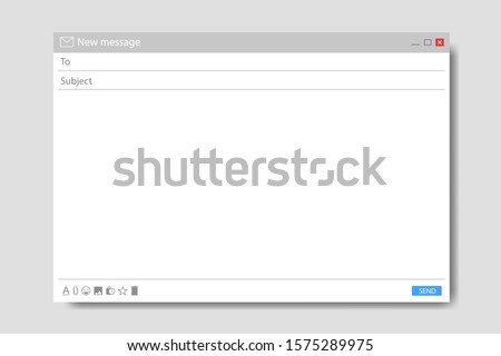 Email message template. Mockup blank mail screen window. Browser interface with with send form of mail box. Flat email page for message. Blank ui design. Frame interface for website. Isolated vector