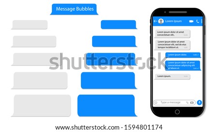 Message speech bubble for text on phone. Mockup sms chat, conversation for mobile. Smartphone chatting with text box. Chat bubble UI. Messenger template isolated background. design vector illustration