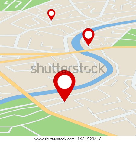 Flat street map with direction. Gps navigation on road town with pins. Simple information scheme of city with river for travel. Plan of route with orientation point. Scheme map from satellite. vector