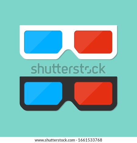 3d glasses icon in flat style. Stereo glasses for cinema or movie on isolated background. Red and blue vision eyeglasses for theater. Black and white spectacles. Design vector illustration