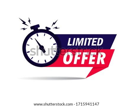 Limited offer icon with time countdown. Super promo label with alarm clock and word. Last offer banner for sale promotion. Red flat sticker hurry deal. Auction tag. Last minute chance stamp. vector