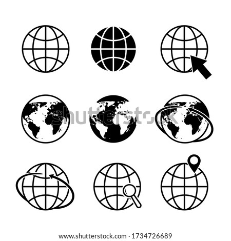 Globe earth icons. World map icon. Global communication simple logo. Geography location in tourism travel symbol. Arrow around globe with europe, australia, asia. Global network internet icon. vector
