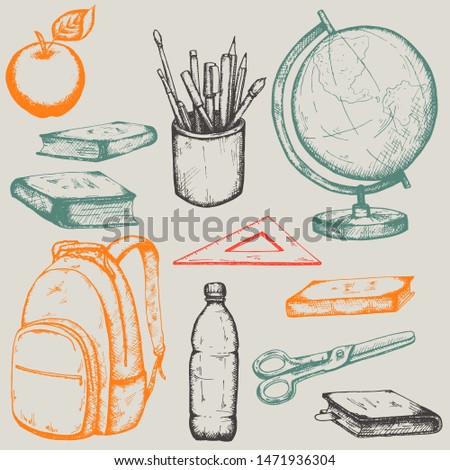 Set of hand drawn  school items: globe, school backpack, ruler, pens, felt-tip pens, pencils, paint brush, bottle of water, scissors, textbooks, books. Gray, orange, green, red.