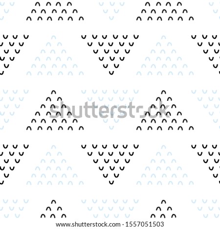 Abstract doodles seamless pattern. Black and blue invert triangle on white background. Creative cartoon children texture for fabric, wrapping, textile, wallpaper, apparel. Vector illustration.
