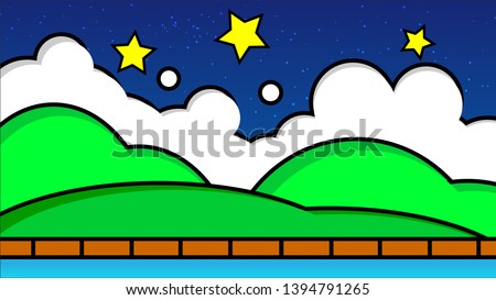 Old video game. retro style Background vector illustration. hill and star landscape sky night use for banner, web design, magazine, book, graphics, print, wallpaper, game mobile
