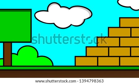 Old video game. retro style Background vector illustration. brick block and tree landscape blue sky use for banner, web design, magazine, book, graphics, print, wallpaper, game mobile