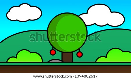 Old video game. retro style Background vector illustration. apple tree and hill landscape blue sky use for banner, web design, magazine, book, graphics, print, wallpaper, game mobile