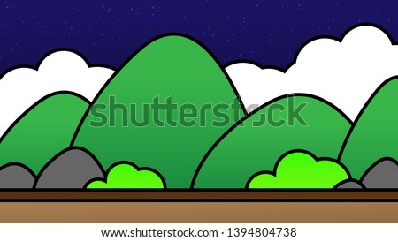 Old video game. retro style Background vector illustration. grass and stone in hill landscape night sky use for banner, web design, magazine, book, graphics, print, wallpaper, game mobile