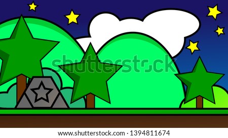 Old video game. retro style Background vector illustration. star tree and hill landscape night sky use for banner, web design, magazine, book, graphics, print, wallpaper, game mobile