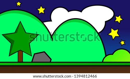 Old video game. retro style Background vector illustration. tree and hill landscape star sky use for banner, web design, magazine, book, graphics, print, wallpaper, game mobile