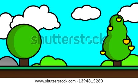 Old video game. retro style Background vector illustration. fruit tree and grass landscape blue sky use for banner, web design, magazine, book, graphics, print, wallpaper, game mobile