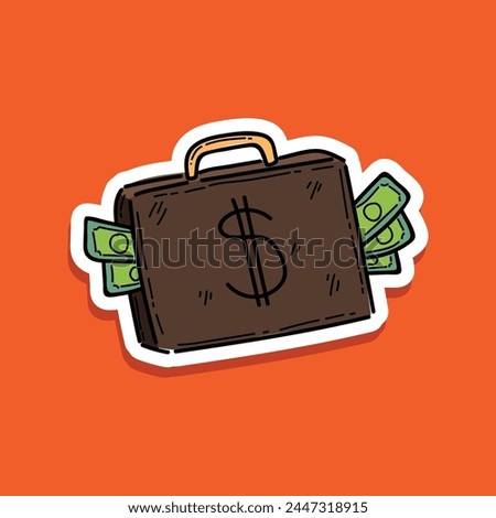 business briefcase full of money. Big profits from own business or cash won at casino. Received unexpected inheritance. Big cash prize earned bonus for good work. Isolated in an orange background