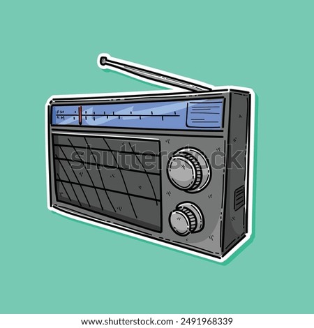 Vector poster for radio station with an old radio receiver and inscription Music on the background green. Radio broadcasting banner in retro style. Retro portable radio 