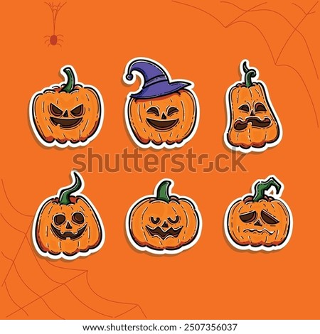 Happy Halloween Pumpkin Head Pack. Jack O' Lanterns Illustration Vector Design in a Sticker style isolated in an orange background. Halloween pumpkins set.