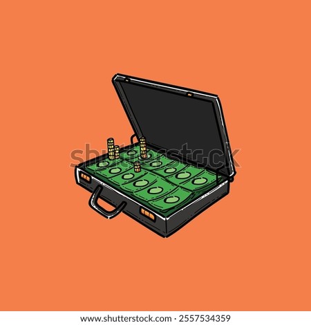 A colorful vector illustration of an open briefcase filled with stacks of cash and gold coins, symbolizing wealth, financial success, and prosperity, with an orange background.