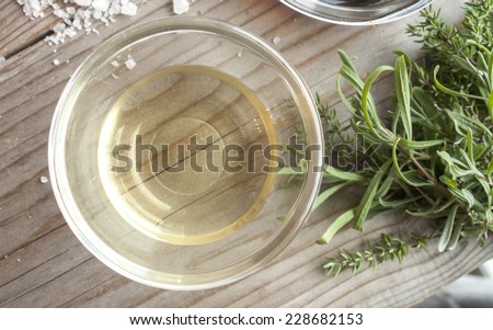 Image, Stock Photo Thyme near glass of olive oil