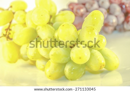 A pile green grapes, in front of purple grapes
