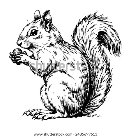 Sketch of a squirrel sitting and eating a nut, side view, on a white background