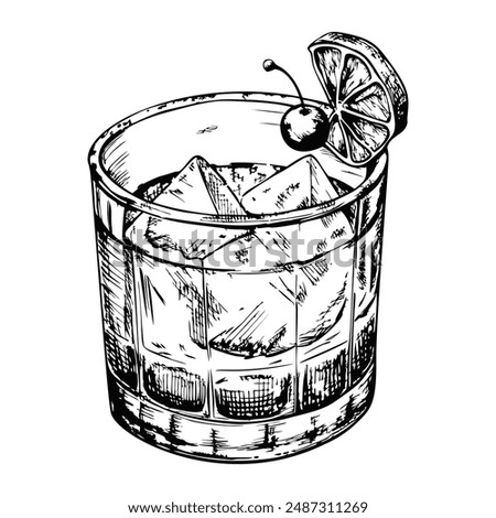 Sketch of an old fashioned with an orange peel and cherry, top view, on a white background