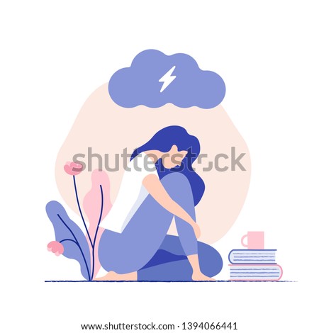 Sad, unhappy young woman sitting under dark cloud. Psychology, depression, bad mood, stress. Flat vector illustration.