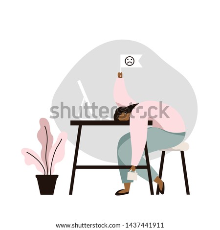 Work burnout. Tired female worker sitting at the table. Long working day in the office. Mental health problem. Flat vector illustration.
