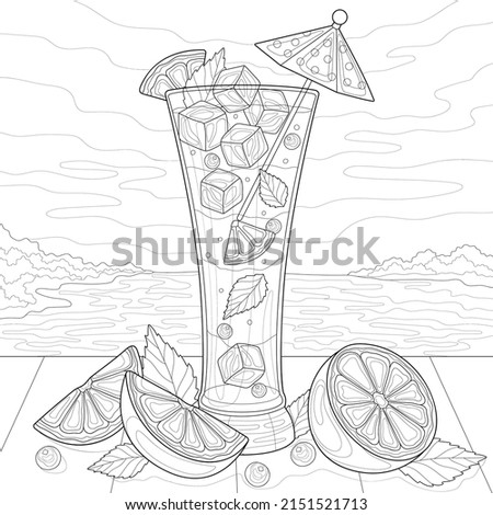 Fruit cocktail with blueberries, lemon slices, ice cubes, mint, umbrella with pea patterns, seaside, sky. Summer illustration, freshness. For coloring book pages.