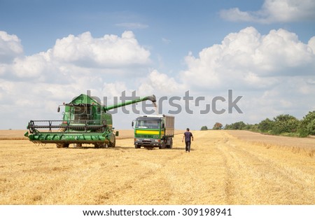 Gorna Oryahovitsa - June 20: Harvesting of grain harvest its farmer. Plow truck full of grain against the blue sky with white clouds on June 20, 2015 Gorna Oryahovitsa, Bulgaria