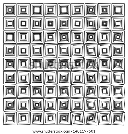 Grid of squares in squares goes from order to chaos. A minimal abstract geometric background vector pattern. Grid of 9 by 9 squares. Inner squares are rotated at subtle angles. Black and white.