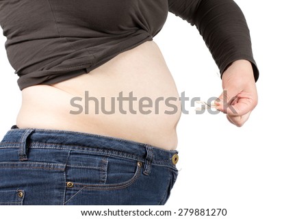 Obese neglected body isolated over white background.\
Woman showing her fat body. Healthy lifestyles concept.