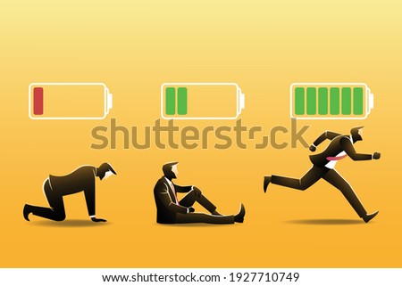 three businessman with battery indicator.
low battery red color with crawl businessman, two strip battery green color with businessman sitting on floor, green full battery with run businessman