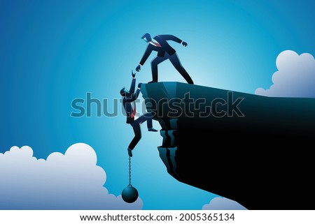 Vector illustration of business concept, businessman chained with iron ball hanging on cliff ask for help to his partner
