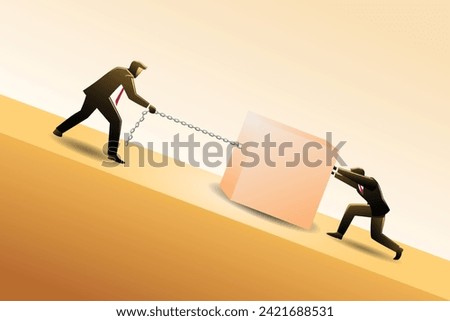 Two businessmen pushing a big heavy box uphill. Vector illustration of business concept.