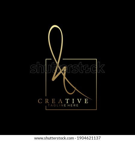 Elegant Letter H Gold Handwriting Signature Logo Design Template with Square Line Background