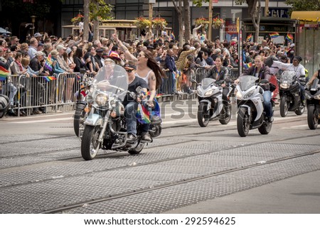 San Francisco USA - JUNE 28 Gay Pride Parade, ride with the SF Dykes on Bikes Women\'s Motorcycle Contingent on June 28, 2015 at Market Street