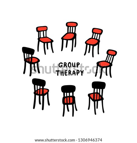 Psychology. Group therapy. Hand drawn chairs arranged in a circle. Group suuport for people suffering psychology disorders and addictions. Doodle slyle flat vector illustration