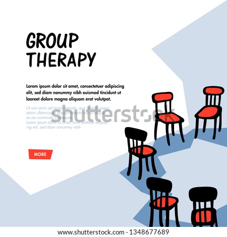Psychology. Group therapy concept. Hand drawn chairs arranged in a circle. Group suuport for people suffering psychology disorders and addictions. Doodle slyle flat vector illustration